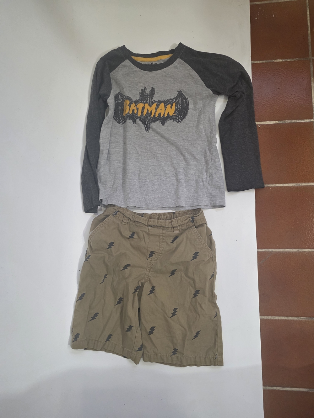 Batman Gray and Black Raglan Top with Tan Lightning Shorts Set.